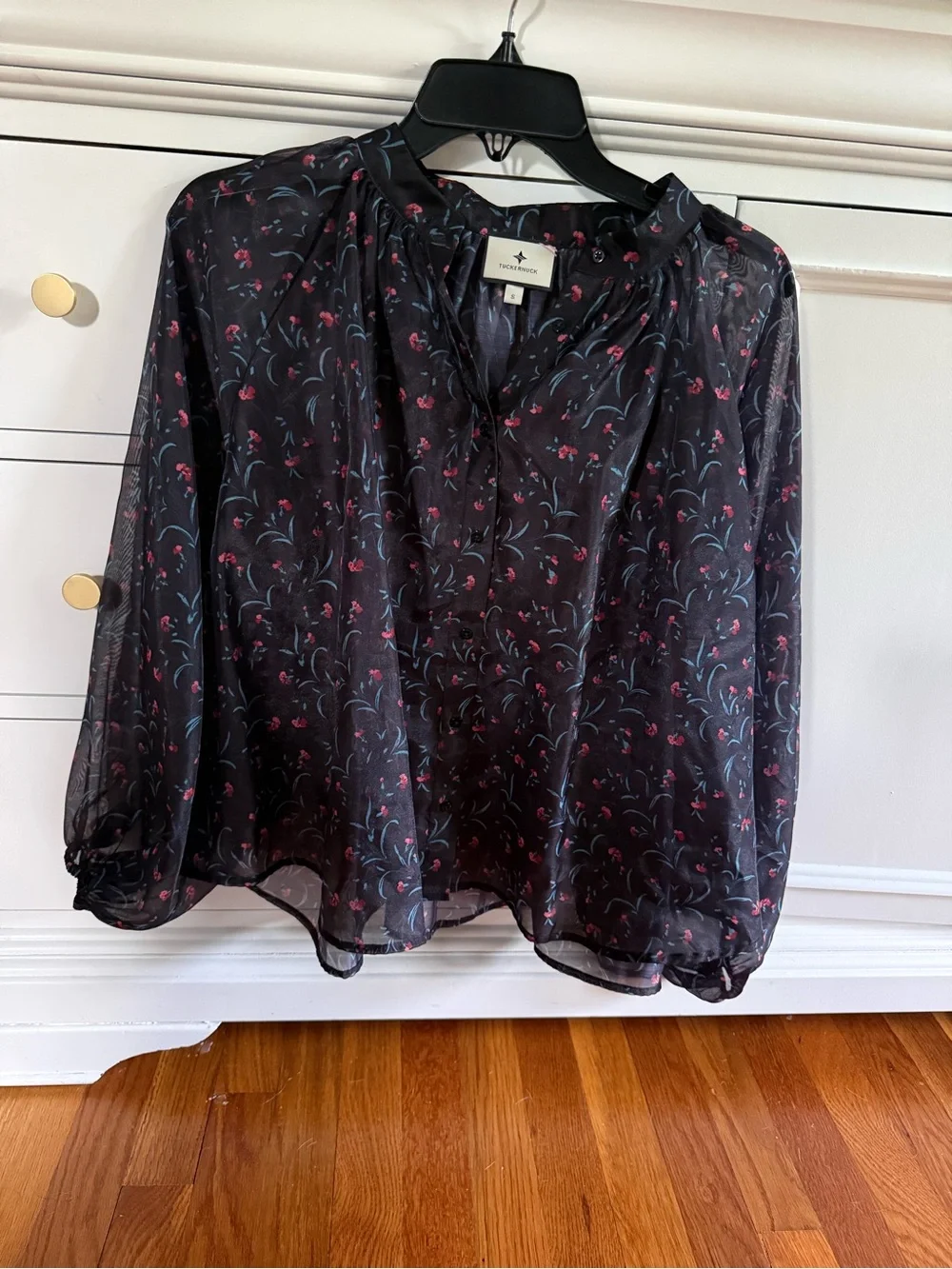 Tuckernuck Black Sheer Blouse with Pink and Blue Floral Print
